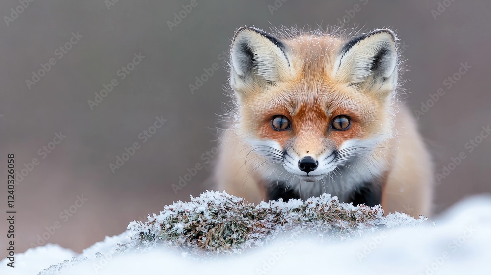 Red fox kit in winter forest, snowy ground Red fox kit in winter forest, snowy ground