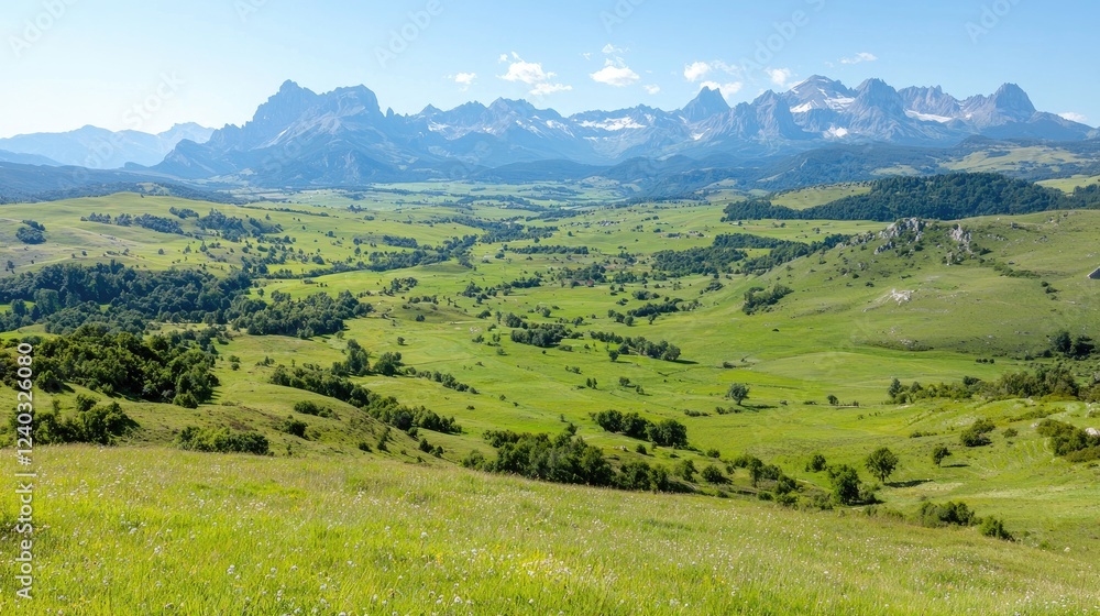 Obraz premium Mountain valley landscape, summer day, green fields, scenic view, travel postcard