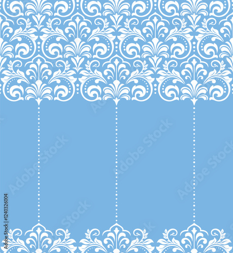 Wallpaper in the style of Baroque. White and blue floral ornament. Seamless vector background. Graphic pattern for fabric, wallpaper, packaging. Ornate Damask flower illustration