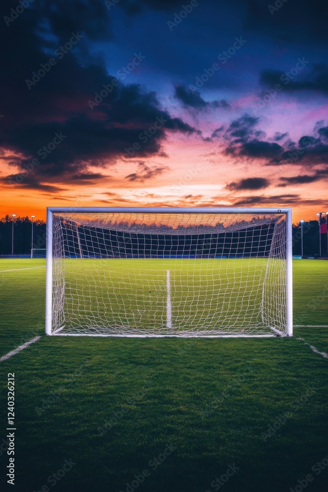 Fototapeta premium Goal Sunset: A Serene Evening at the Soccer Field