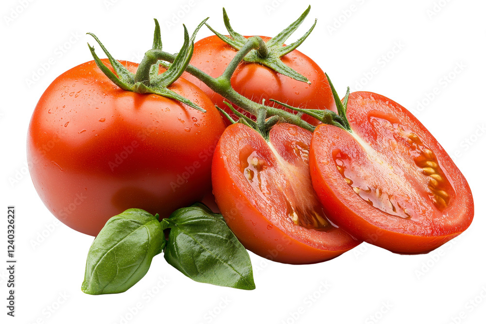 Ripe Red Tomatoes with Fresh Basil Leaves Ripe Red Tomatoes with Fresh Basil Leaves