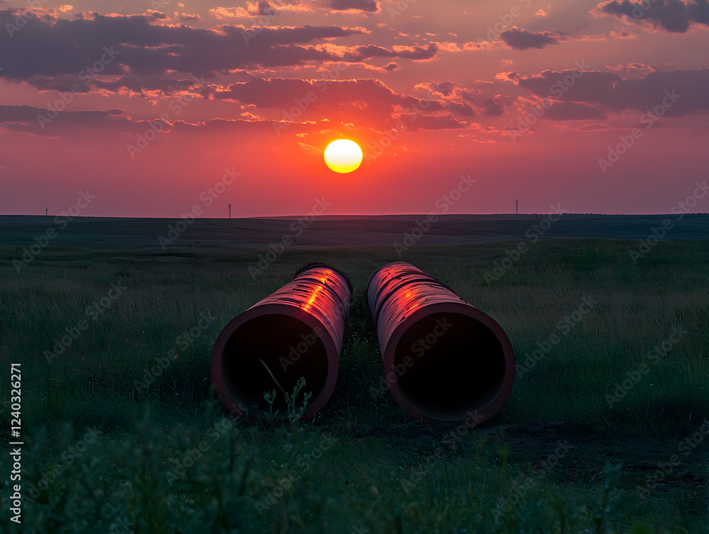 Sunset over prairie, large pipes, energy Sunset over prairie, large pipes, energy