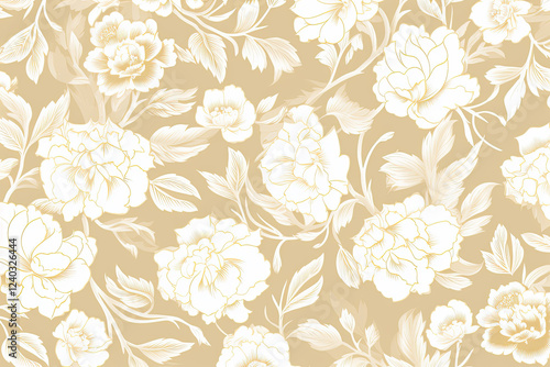 Elegant White Roses and Beige Leaves Seamless Floral Pattern