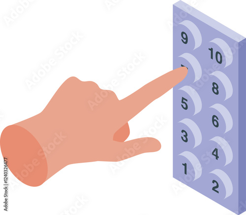 Finger pushing button number 7 on a keypad in isometric view