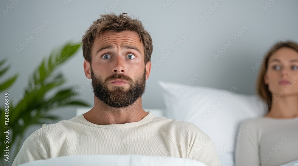 Fototapeta premium newborn wailing in hospital bassinet as stunned father stares at it mother lying in bed with exhausted expression sterile white blue walls 