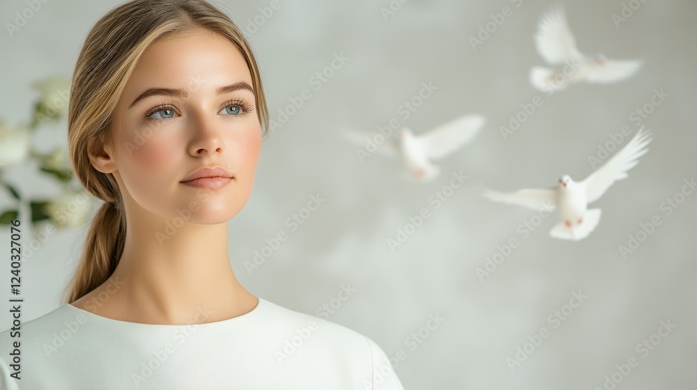 Our Lady in soft watercolor tones gentle gaze towards the horizon surrounding doves in mid flight abstract pastel background suggesting serenity Our Lady in soft watercolor tones gentle gaze towards the horizon surrounding doves in mid flight abstract pastel background suggesting serenity