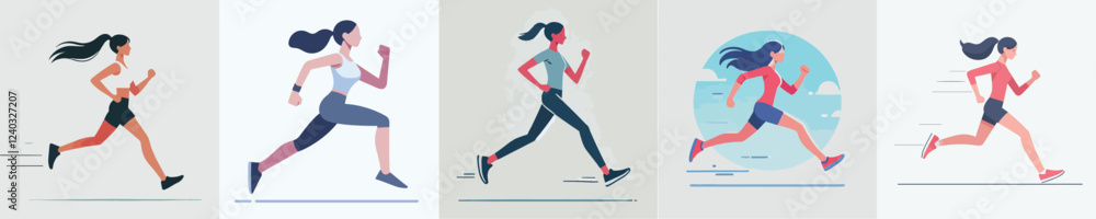 vector set of female characters running vector set of female characters running