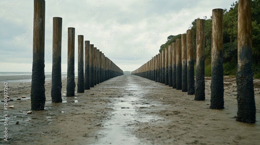 Fototapeta premium Rows of oyster farming trestles during low tide shells visible against the wet sand as waves gently lap along the shore 