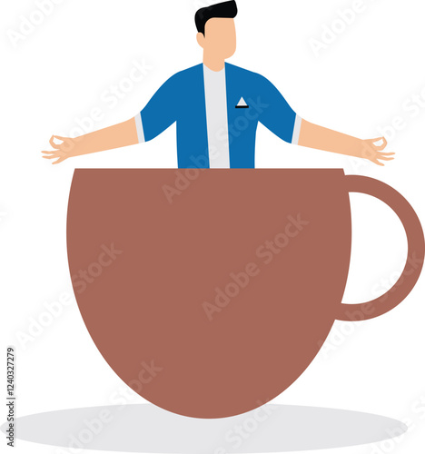 Businessman fast asleep in a large coffee cup vector illustration. time to take a break concept. coffee break time to relax and refresh from long stress. exhausted worker relaxing in big coffee cup