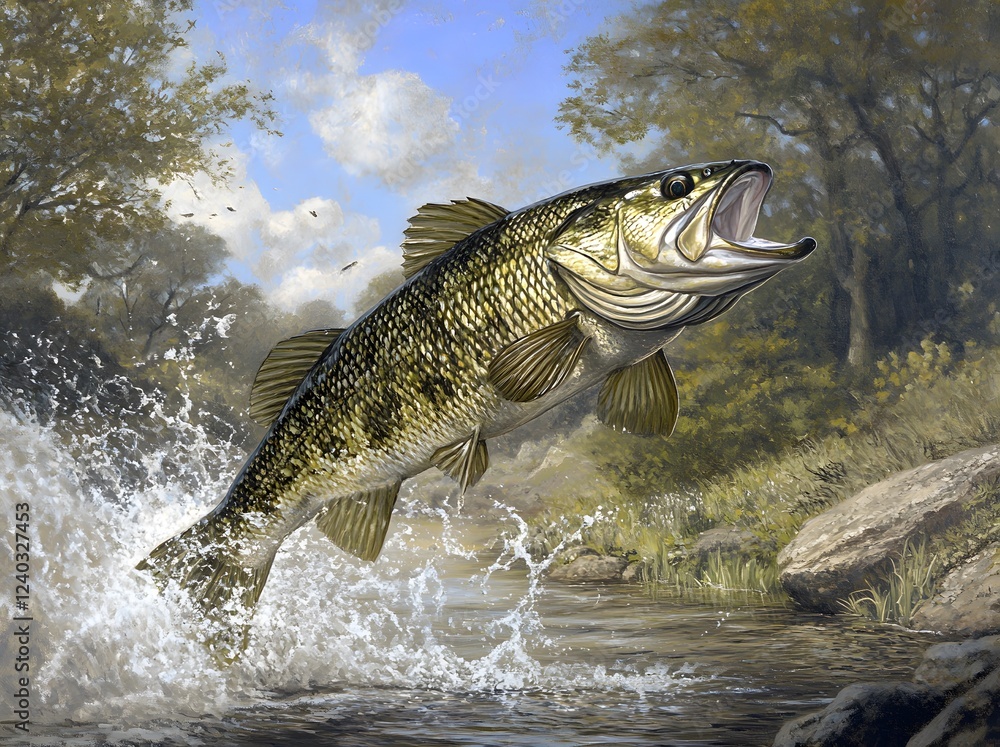 A Largemouth Bass Leaps From River Water A Largemouth Bass Leaps From River Water