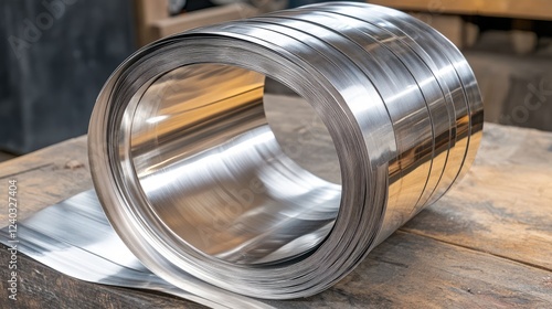 New aluminum gutter roll being uncoiled and cut to size on a workbench. photo