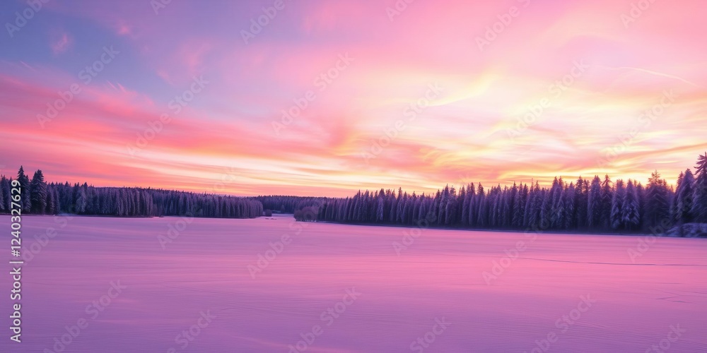 Obraz premium Vibrant hues of orange, pink, and purple illuminate the snowy winter forest, creating a magical sunset scene, tranquil, sky, landscape