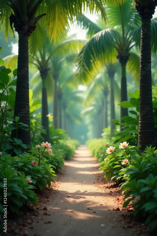 Obraz premium A delicate flower blooms among the palm fronds, tree-lined path, flower bloom, lush vegetation
