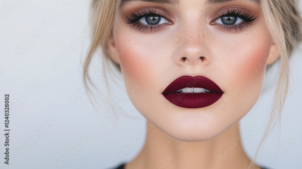 Captivating Close up Portrait of a Model Wearing Bold Winter Inspired Makeup with Glossy Berry Lipstick Deep Red Blush and Precise Charcoal Eyeliner Exuding Glamour Style and Allure Captivating Close up Portrait of a Model Wearing Bold Winter Inspired Makeup with Glossy Berry Lipstick Deep Red Blush and Precise Charcoal Eyeliner Exuding Glamour Style and Allure