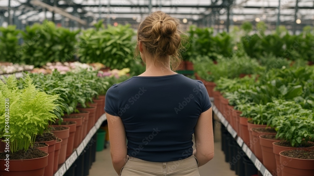 Woman browsing through colorful plant pots in a supermarket gardening section surrounded by potted ferns and herbs Woman browsing through colorful plant pots in a supermarket gardening section surrounded by potted ferns and herbs