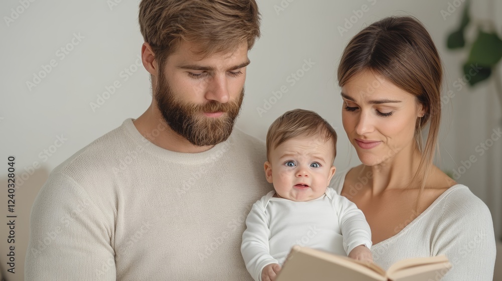 young father holding crying baby while mother nervously flips through parenting book cozy but cluttered living room soft brown and beige tones young father holding crying baby while mother nervously flips through parenting book cozy but cluttered living room soft brown and beige tones