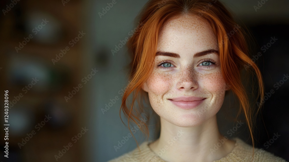 Fototapeta premium Portrait of smiling redhead woman with freckles showing happiness and confidence