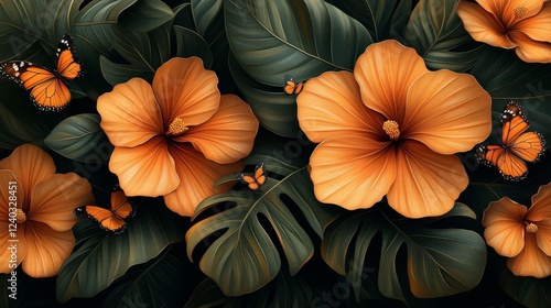 Orange Hibiscus Flowers and Butterflies. Generative AI photo