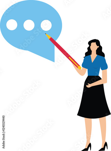 Product comment or review, customer experience for evaluation, customers' opinions regarding the quality of products or services, businesswoman with big pencil write comments for products