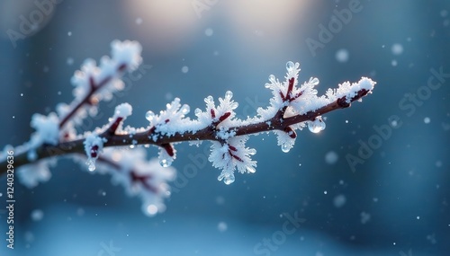 A delicate ice formation clung to the end of a branch like a fragile, crystalline ornament, frosty branch, snowflakes, branch