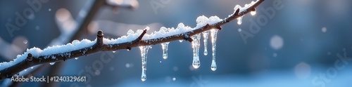 A delicate ice formation clung to the end of a branch like a fragile, crystalline ornament, winter, cold weather