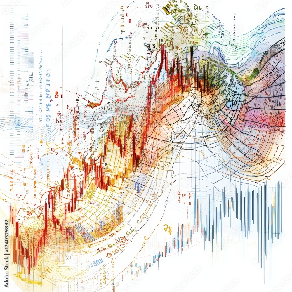 Obraz premium Colorful Abstract Representation of Financial Data with Graph Trends and Numerical Elements