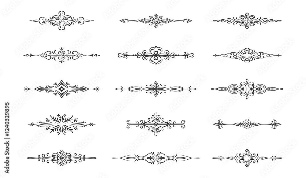 Obraz premium Hand drawn vector dividers. Lines, borders and laurels set. Outline graphics for wedding cards and invitations.