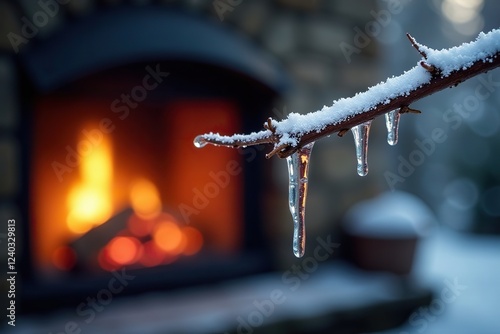 A delicate icicle hanging from a branch near the fireplace, peaceful, branch