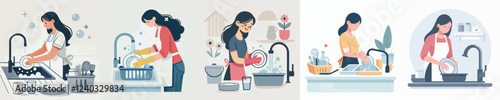 vector of a woman washing dishes