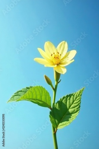 A delicate lemon flower with its matching green leaves rests against a serene blue sky, soothing, natural
