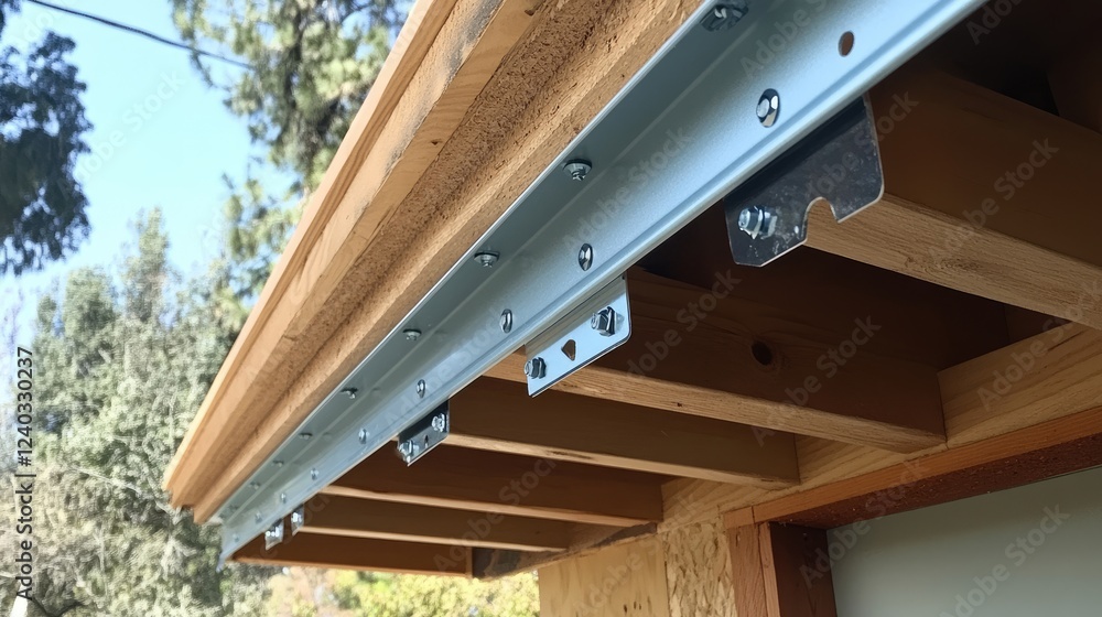 Fototapeta premium Step-by-step view of a rain gutter being attached to fascia with mounting brackets.