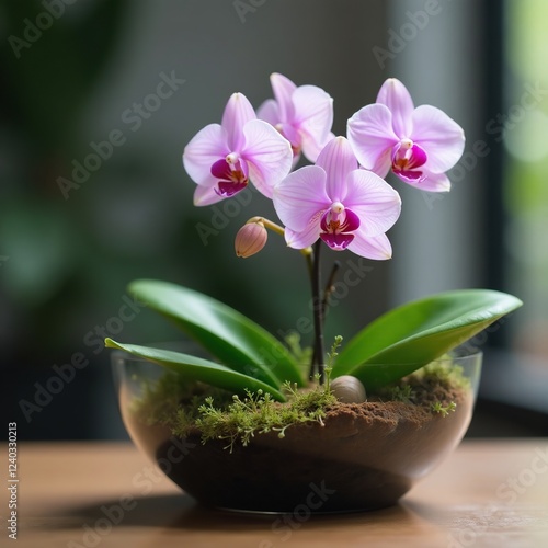 A delicate light purple-colored orchid in a terrarium, pastel, orchid, botanical