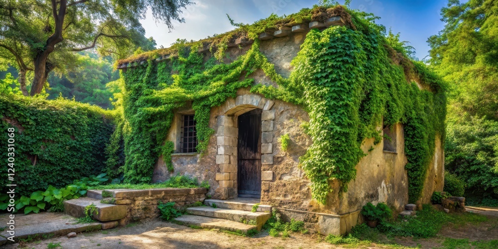 Overgrown Stone Structure with Ivy Covered Walls and Wooden Door, Nestled in a Lush Green Foliage Setting Overgrown Stone Structure with Ivy Covered Walls and Wooden Door, Nestled in a Lush Green Foliage Setting