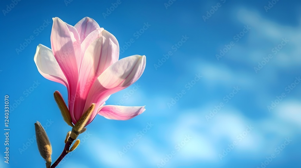 Fototapeta premium Pink Magnolia Flower Against Blue Sky with Clouds