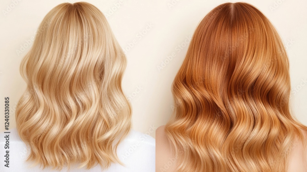 Fototapeta premium Closeup of a woman s head with flowing wavy hair in brilliant blonde and copper highlights suggesting the use of a protein rich hair repair mask or treatment