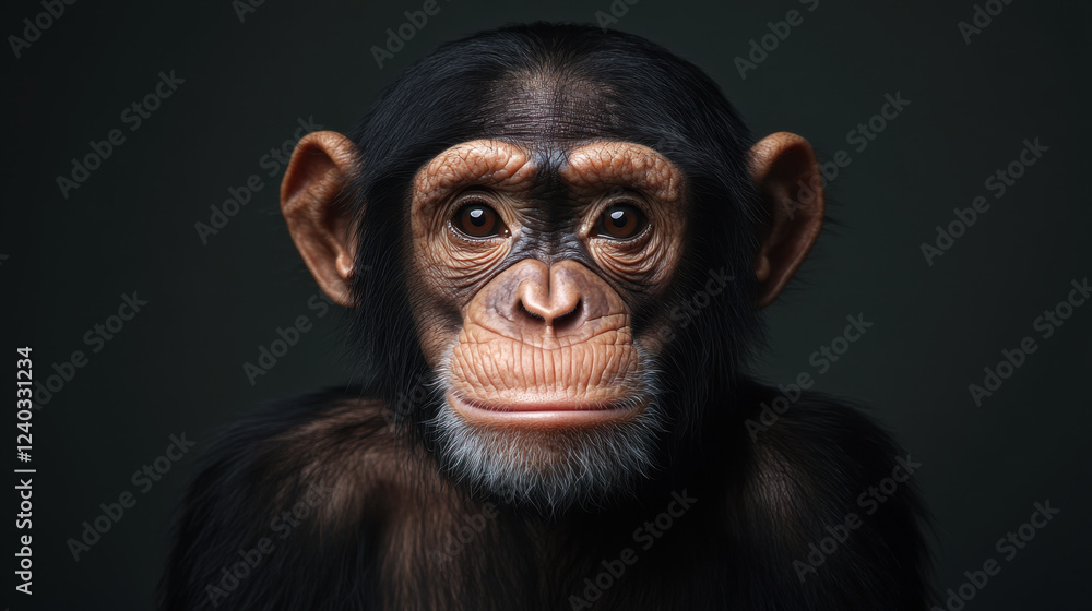 realistic portrait of primate with expressive features, showcasing its intelligent gaze and detailed fur. background is dark, emphasizing subject realistic portrait of primate with expressive features, showcasing its intelligent gaze and detailed fur. background is dark, emphasizing subject