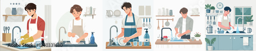vector of a young man washing dishes