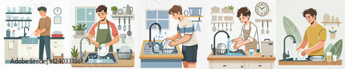 vector of a young man washing dishes
