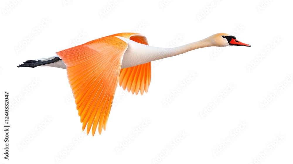 Fototapeta premium Orange And White Swan In Flight Against with Isolated Background