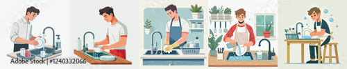 vector of a young man washing dishes