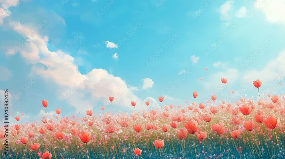 Obraz premium 広がるチューリップ畑と青空｜春の花・幻想的な風景・癒しの自然