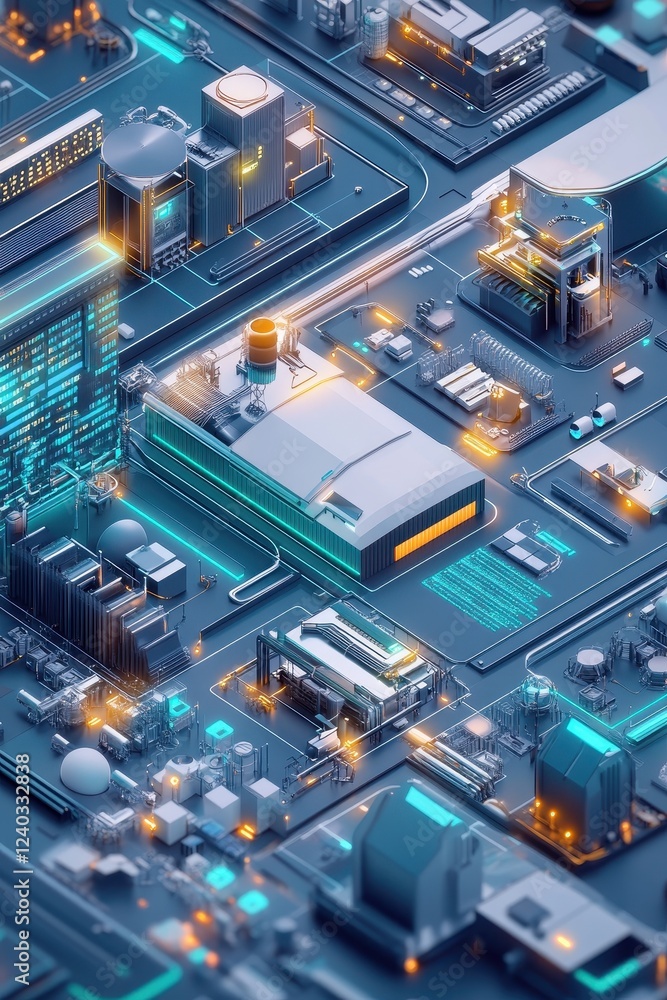 3D Rendered Schematic of an Innovative Smart Factory Layout for Modern Manufacturing Solutions 3D Rendered Schematic of an Innovative Smart Factory Layout for Modern Manufacturing Solutions