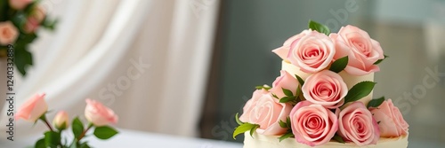 Three tier cake with white frosting, adorned with fresh roses and greenery, perfect for weddings, birthdays, and special events, roses, celebration, elegant