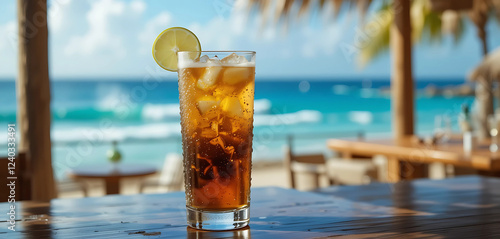A highball glass filled with dark rum and ginger beer, creating a layered effect, garnished with a lime wedge. The setting is a nautical-themed beach bar with ocean waves in the background.