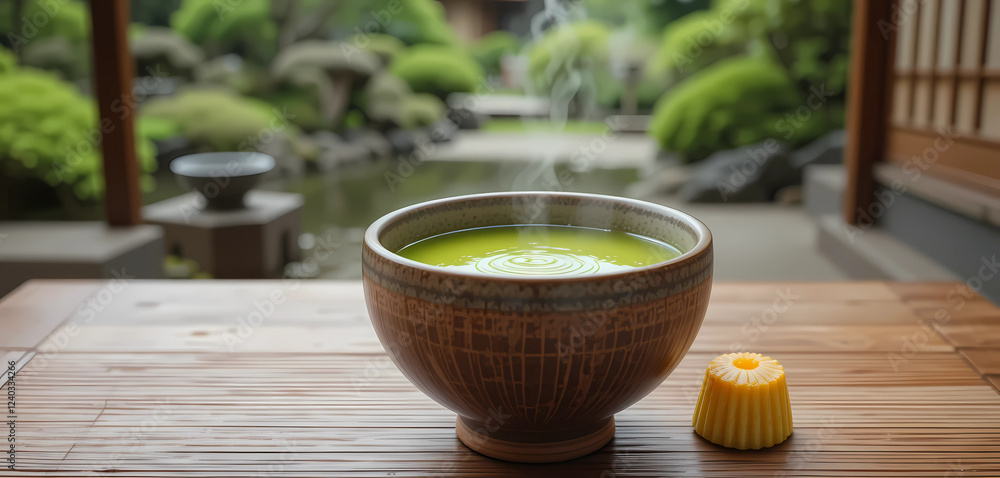 A traditional Japanese matcha tea, prepared in a ceramic bowl with a bamboo whisk, accompanied by a small wagashi (Japanese sweet). The background features a peaceful Zen garden. A traditional Japanese matcha tea, prepared in a ceramic bowl with a bamboo whisk, accompanied by a small wagashi (Japanese sweet). The background features a peaceful Zen garden.