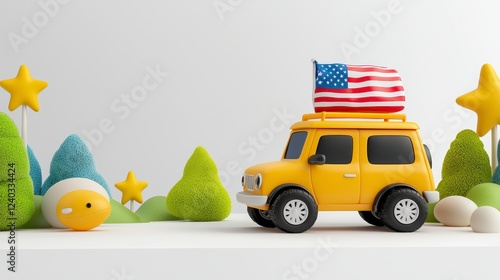 Yellow Cartoon SUV with American Flag on a Whimsical Journey