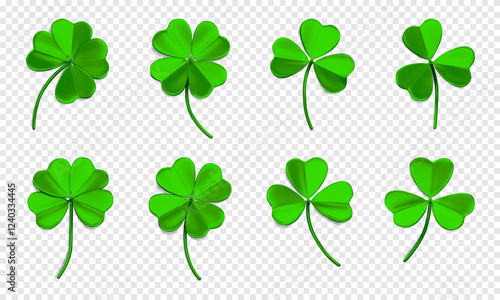 Shamrock leaves 3D. Green Trefoil and quatrefoil. 3D icons with shamrock. Symbol of lucky and Irish holiday St. Patrick Day. Decorative elements isolated on a transparent background