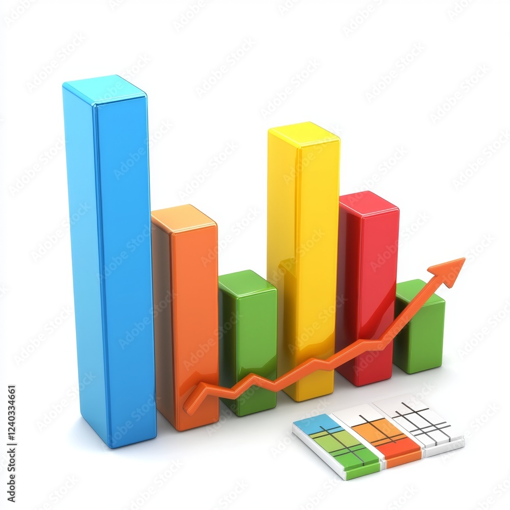 Colorful 3D Bar Graph with Rising Arrow Illustrating Business Growth and Progress in a Dynamic Financial Environment Colorful 3D Bar Graph with Rising Arrow Illustrating Business Growth and Progress in a Dynamic Financial Environment
