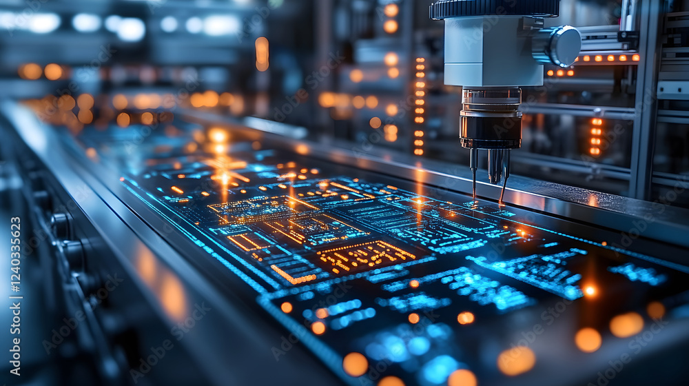 A close-up of a futuristic circuit board with glowing components, showcasing advanced technology in a high-tech environment A close-up of a futuristic circuit board with glowing components, showcasing advanced technology in a high-tech environment