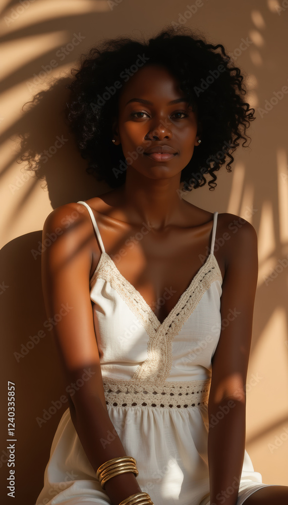 Fototapeta premium A woman in a white summer dress with curly hair sitting in a softly lit studio with warm shadows and natural tones.
